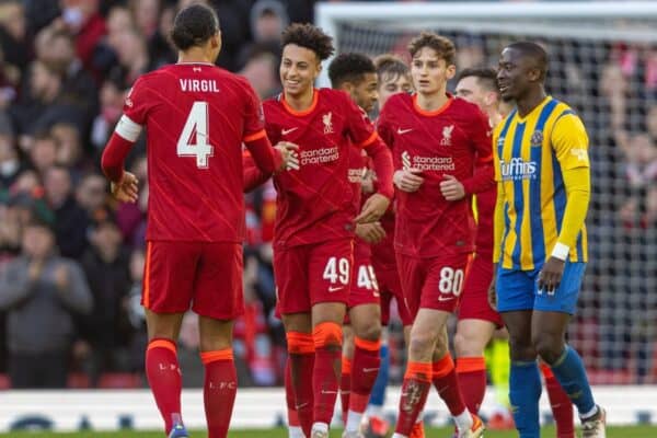 LIVERPOOL, ENGLAND - Sunday, January 9, 2022: Liverpool's Kaide Gordon celebrates after scoring the first equalising goal during the FA Cup 3rd Round match between Liverpool FC and Shrewsbury Town FC at Anfield. (Pic by David Rawcliffe/Propaganda)