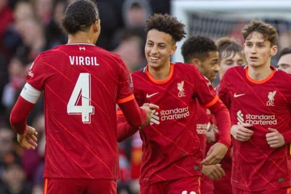 LIVERPOOL, ENGLAND - Sunday, January 9, 2022: Liverpool's Kaide Gordon celebrates after scoring the first equalising goal during the FA Cup 3rd Round match between Liverpool FC and Shrewsbury Town FC at Anfield. (Pic by David Rawcliffe/Propaganda)