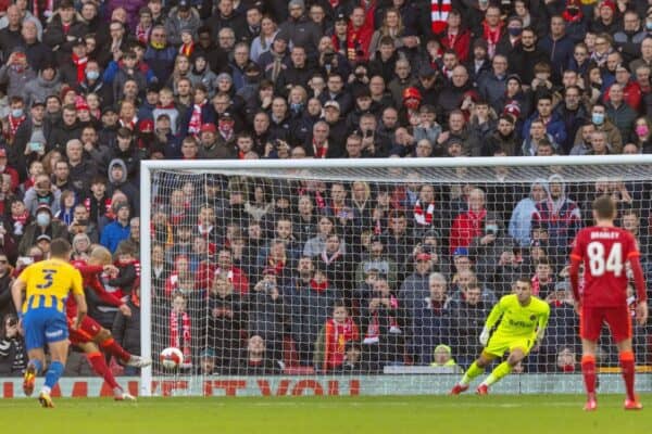 LIVERPOOL, ENGLAND - Sunday, January 9, 2022: Shrewsbury Town's goalkeeper Marko Maroši is beaten as Liverpool's Fabio Henrique Tavares 'Fabinho' scores the second goal, from a penalty kick, during the FA Cup 3rd Round match between Liverpool FC and Shrewsbury Town FC at Anfield. (Pic by David Rawcliffe/Propaganda)