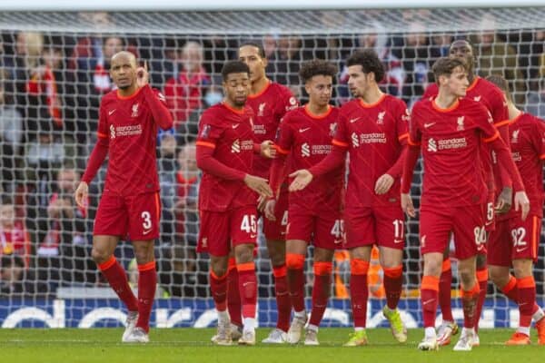 LIVERPOOL, ENGLAND - Sunday, January 9, 2022: Liverpool's Fabio Henrique Tavares 'Fabinho' celebrates after scoring the second goal during the FA Cup 3rd Round match between Liverpool FC and Shrewsbury Town FC at Anfield. (Pic by David Rawcliffe/Propaganda)