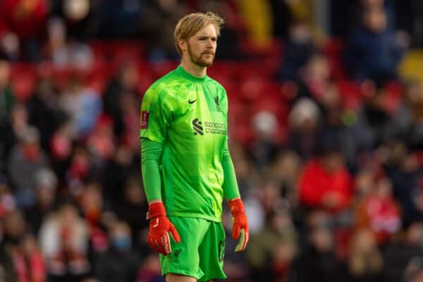 LIVERPOOL, ENGLAND - Sunday, January 9, 2022: Liverpool's goalkeeper Caoimhin Kelleher during the FA Cup 3rd Round match between Liverpool FC and Shrewsbury Town FC at Anfield. (Pic by David Rawcliffe/Propaganda)