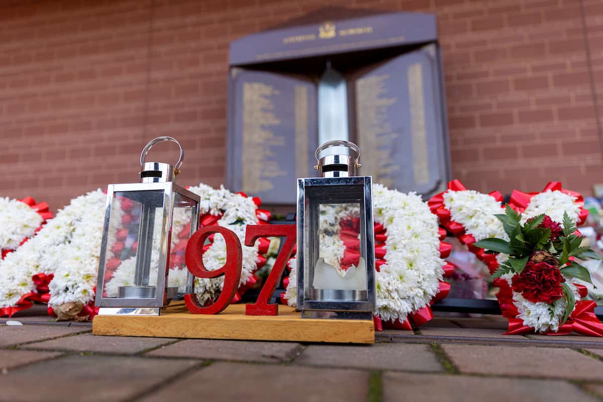 LIVERPOOL, ENGLAND - Sunday, January 9, 2022: Tributes to the 97 Liverpool supporters who died as a result of the Hillsborough Stadium Disaster pictured at the eternal flame memorial at Anfield ahead of the FA Cup 3rd Round match between Liverpool FC and Shrewsbury Town FC. This week MP's have proposed a Hillsborough Law that would require authorities to disclose all information after a public disaster to avoid the cover-ups that followed the 1986 tragedy. (Pic by David Rawcliffe/Propaganda)