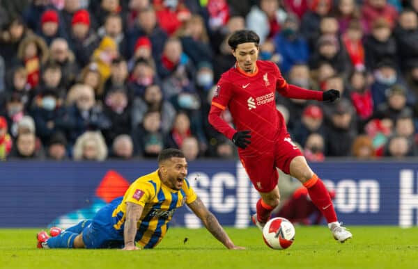 LIVERPOOL, ENGLAND - Sunday, January 9, 2022: Liverpool's Takumi Minamino during the FA Cup 3rd Round match between Liverpool FC and Shrewsbury Town FC at Anfield. (Pic by David Rawcliffe/Propaganda)