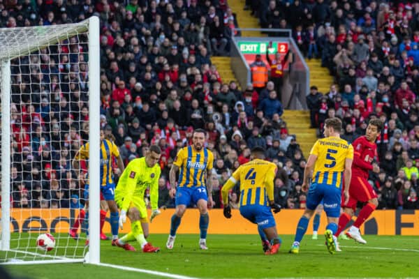 LIVERPOOL, ENGLAND - Sunday, January 9, 2022: Liverpool's Roberto Firmino scores the third goal with a back-heel during the FA Cup 3rd Round match between Liverpool FC and Shrewsbury Town FC at Anfield. (Pic by David Rawcliffe/Propaganda)