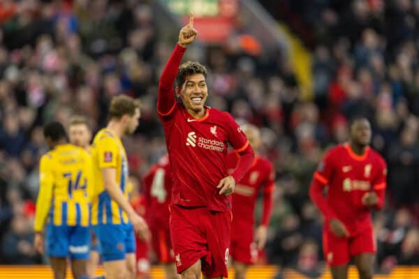 LIVERPOOL, ENGLAND - Sunday, January 9, 2022: Liverpool's Roberto Firmino celebrates after scoring the third goal during the FA Cup 3rd Round match between Liverpool FC and Shrewsbury Town FC at Anfield. (Pic by David Rawcliffe/Propaganda)