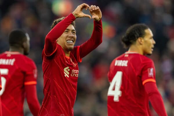 LIVERPOOL, ENGLAND - Sunday, January 9, 2022: Liverpool's Roberto Firmino celebrates after scoring the third goal during the FA Cup 3rd Round match between Liverpool FC and Shrewsbury Town FC at Anfield. (Pic by David Rawcliffe/Propaganda)