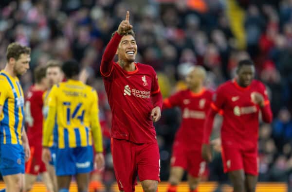 LIVERPOOL, ENGLAND - Sunday, January 9, 2022: Liverpool's Roberto Firmino celebrates after scoring the third goal during the FA Cup 3rd Round match between Liverpool FC and Shrewsbury Town FC at Anfield. (Pic by David Rawcliffe/Propaganda)