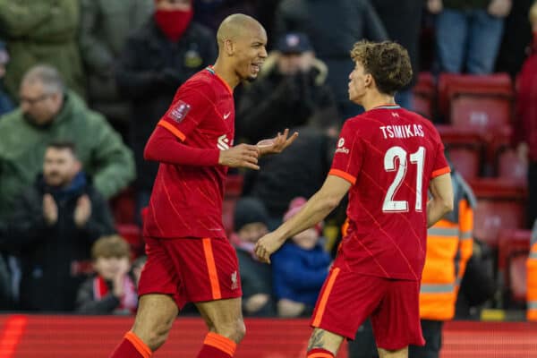 LIVERPOOL, ENGLAND - Sunday, January 9, 2022: Liverpool's Fabio Henrique Tavares 'Fabinho' celebrates after scoring the fourth goal during the FA Cup 3rd Round match between Liverpool FC and Shrewsbury Town FC at Anfield. (Pic by David Rawcliffe/Propaganda)