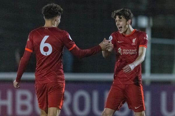 LOUGHBOROUGH, ENGLAND - Monday, January 10, 2022: Liverpool's Owen Beck (R), who created the only goal of the game, celebrates with Stefan Bajcetic after the Premier League 2 Division 1 match between Derby County FC Under-23's and Liverpool FC Under-23's at the Loughborough University Stadium. (Pic by David Rawcliffe/Propaganda)