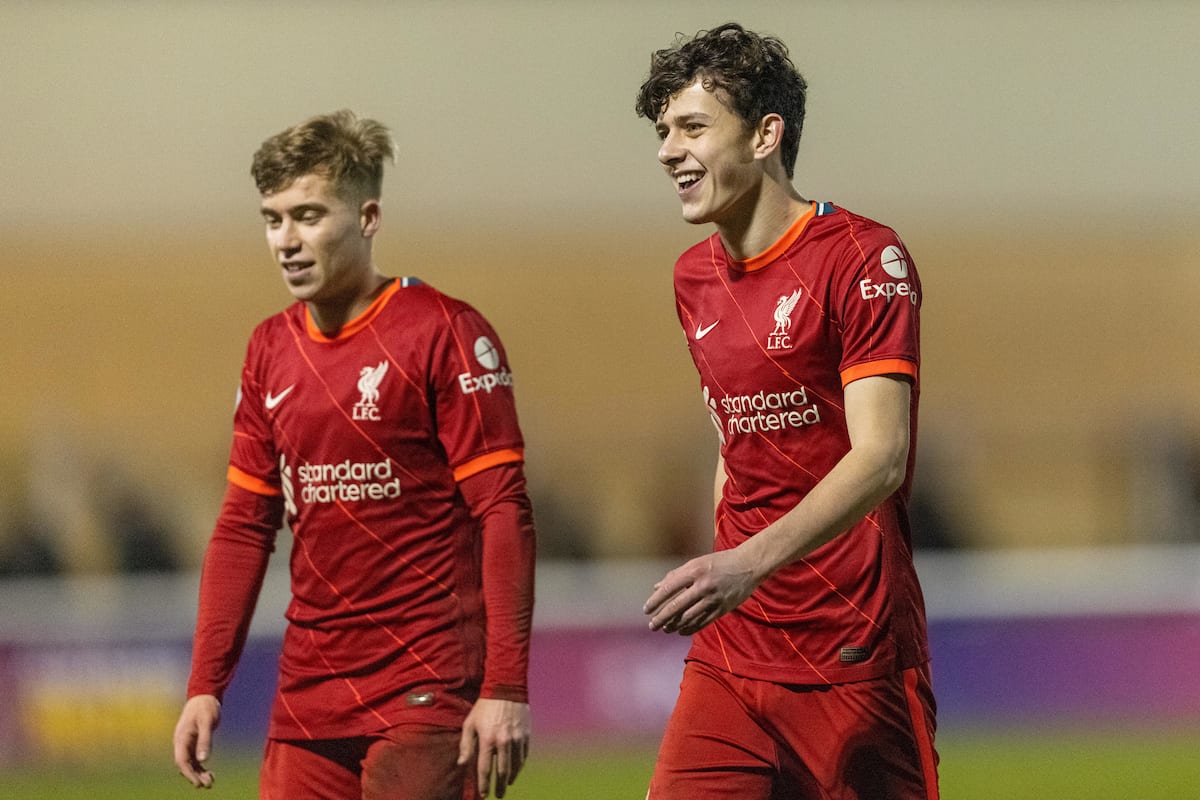 LOUGHBOROUGH, ENGLAND - Monday, January 10, 2022: Liverpool's Owen Beck (R), who created the only goal of the game, celebrates after the Premier League 2 Division 1 match between Derby County FC Under-23's and Liverpool FC Under-23's at the Loughborough University Stadium. (Pic by David Rawcliffe/Propaganda)