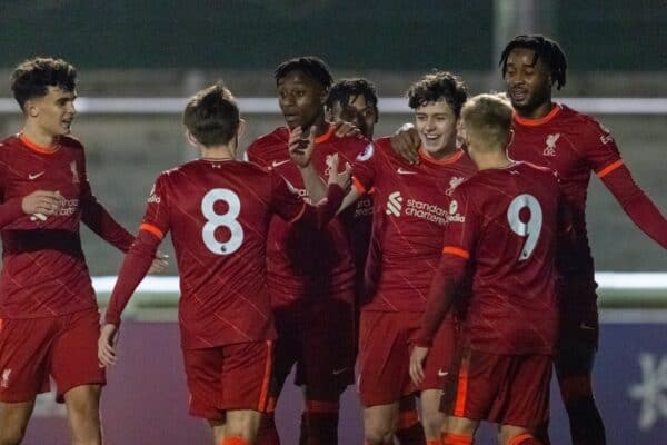 LOUGHBOROUGH, ENGLAND - Monday, January 10, 2022: Liverpool's Owen Beck (C) celebrates after hios cross created the first goal, an own goal by Derby County's Eiran Cashin, during the Premier League 2 Division 1 match between Derby County FC Under-23's and Liverpool FC Under-23's at the Loughborough University Stadium. (Pic by David Rawcliffe/Propaganda)