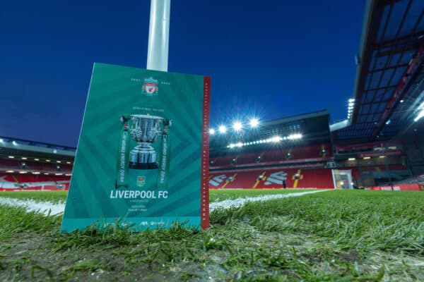 LIVERPOOL, ENGLAND - Thursday, January 13, 2022: The official matchday programme pictured before the Football League Cup Semi-Final 1st Leg match between Liverpool FC and Arsenal FC at Anfield. (Pic by David Rawcliffe/Propaganda)