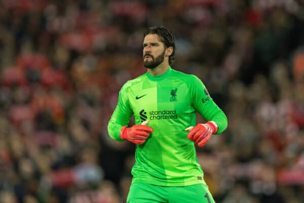 LIVERPOOL, ENGLAND - Thursday, January 13, 2022: Liverpool's goalkeeper Alisson Becker during the Football League Cup Semi-Final 1st Leg match between Liverpool FC and Arsenal FC at Anfield. (Pic by David Rawcliffe/Propaganda)