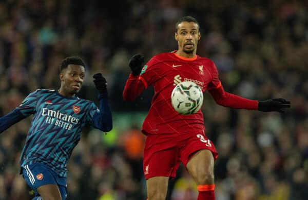 LIVERPOOL, ENGLAND - Thursday, January 13, 2022: Liverpool's Joel Matip (R) and Arsenal's Eddie Nketiah during the Football League Cup Semi-Final 1st Leg match between Liverpool FC and Arsenal FC at Anfield. (Pic by David Rawcliffe/Propaganda)