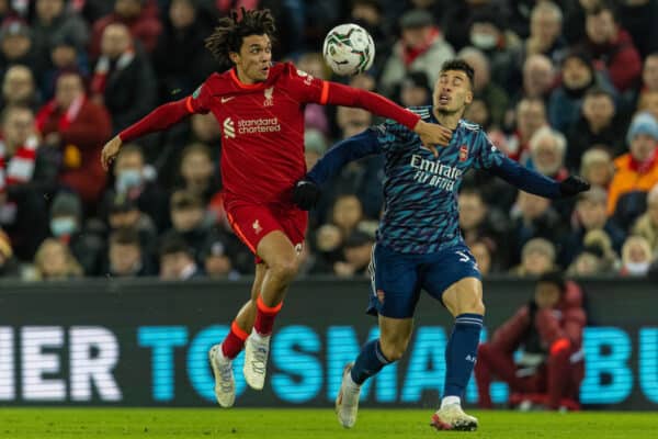 LIVERPOOL, ENGLAND - Thursday, January 13, 2022: Liverpool's Trent Alexander-Arnold (L) and Arsenal's Gabriel Martinelli during the Football League Cup Semi-Final 1st Leg match between Liverpool FC and Arsenal FC at Anfield. (Pic by David Rawcliffe/Propaganda)