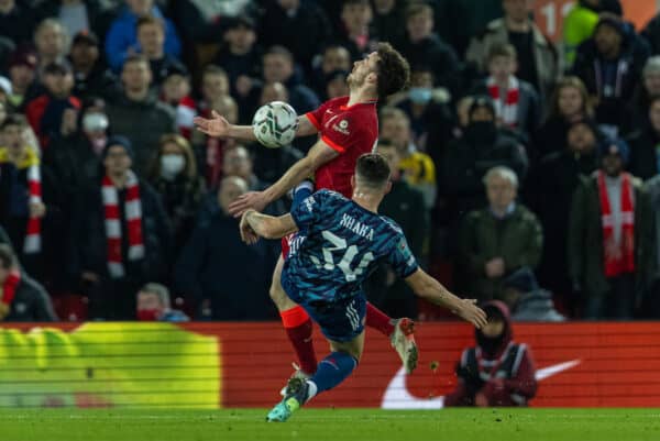 LIVERPOOL, ENGLAND - Thursday, January 13, 2022: Liverpool's Diogo Jota is fouled by Arsenal's Granit Xhaka, who was shown a red card and sent off for the challenge, during the Football League Cup Semi-Final 1st Leg match between Liverpool FC and Arsenal FC at Anfield. (Pic by David Rawcliffe/Propaganda)