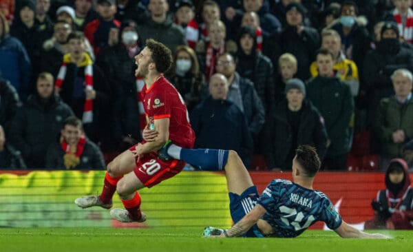 LIVERPOOL, ENGLAND - Thursday, January 13, 2022: Liverpool's Diogo Jota is fouled by Arsenal's Granit Xhaka, who was shown a red card and sent off for the challenge, during the Football League Cup Semi-Final 1st Leg match between Liverpool FC and Arsenal FC at Anfield. (Pic by David Rawcliffe/Propaganda)