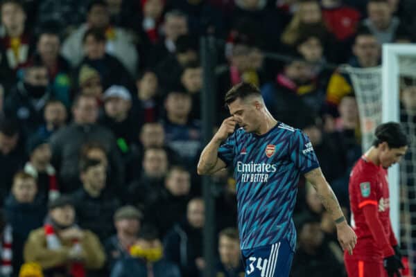 LIVERPOOL, ENGLAND - Thursday, January 13, 2022: Arsenal's Granit Xhaka walks off after being shown a red card and sent off during the Football League Cup Semi-Final 1st Leg match between Liverpool FC and Arsenal FC at Anfield. (Pic by David Rawcliffe/Propaganda)