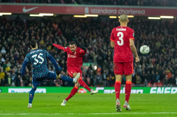 LIVERPOOL, ENGLAND - Thursday, January 13, 2022: Liverpool's Joel Matip shoots during the Football League Cup Semi-Final 1st Leg match between Liverpool FC and Arsenal FC at Anfield. (Pic by David Rawcliffe/Propaganda)