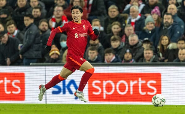 LIVERPOOL, ENGLAND - Thursday, January 13, 2022: Liverpool's Takumi Minamino during the Football League Cup Semi-Final 1st Leg match between Liverpool FC and Arsenal FC at Anfield. (Pic by David Rawcliffe/Propaganda)