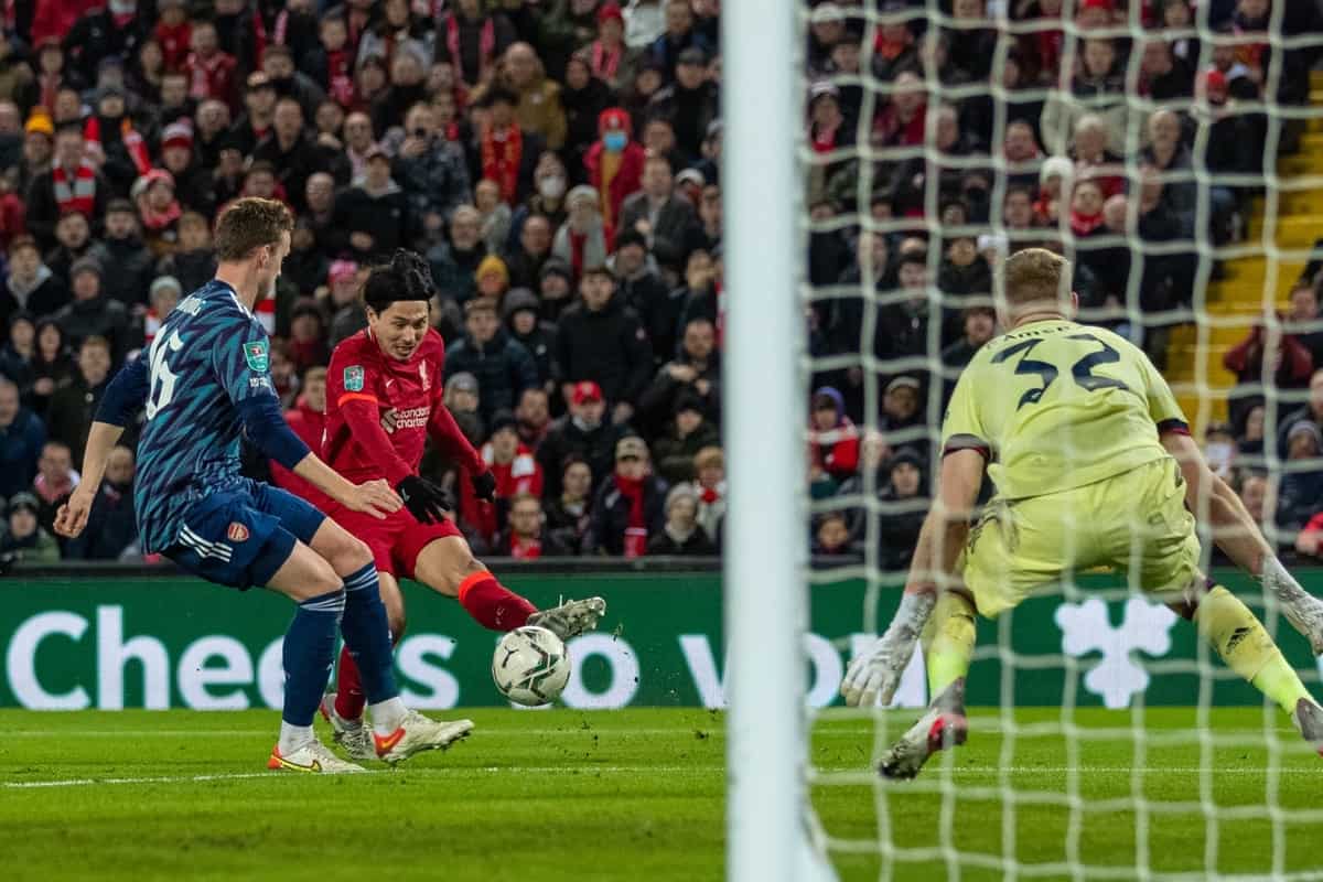 LIVERPOOL, ENGLAND - Thursday, January 13, 2022: Liverpool's Takumi Minamino shoots wide during the Football League Cup Semi-Final 1st Leg match between Liverpool FC and Arsenal FC at Anfield. (Pic by David Rawcliffe/Propaganda)