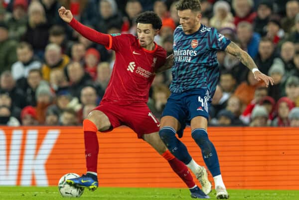 LIVERPOOL, ENGLAND - Thursday, January 13, 2022: Liverpool's Curtis Jones (L) and Arsenal's Ben White during the Football League Cup Semi-Final 1st Leg match between Liverpool FC and Arsenal FC at Anfield. (Pic by David Rawcliffe/Propaganda)