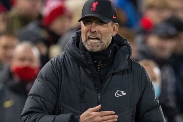 LIVERPOOL, ENGLAND - Thursday, January 13, 2022: Liverpool's manager Jürgen Klopp during the Football League Cup Semi-Final 1st Leg match between Liverpool FC and Arsenal FC at Anfield. (Pic by David Rawcliffe/Propaganda)