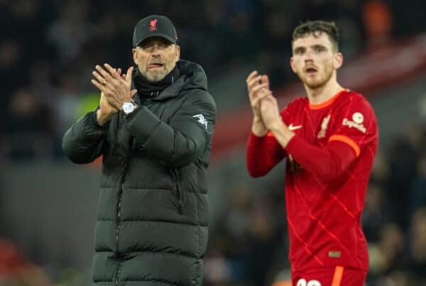 LIVERPOOL, ENGLAND - Thursday, January 13, 2022: Liverpool's manager Jürgen Klopp and Andy Robertson applaud the supporters after the Football League Cup Semi-Final 1st Leg match between Liverpool FC and Arsenal FC at Anfield. (Pic by David Rawcliffe/Propaganda)