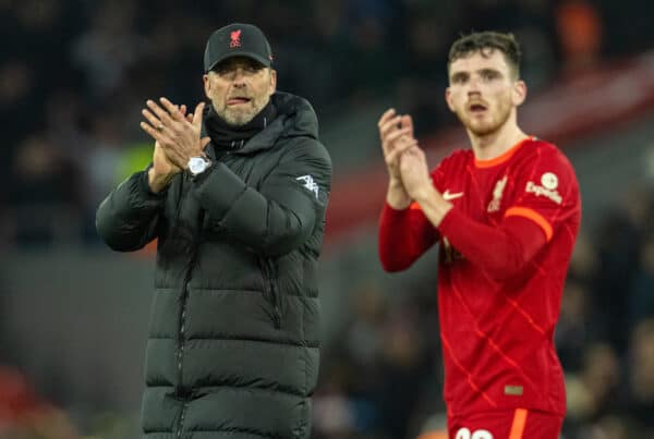 LIVERPOOL, ENGLAND - Thursday, January 13, 2022: Liverpool's manager Jürgen Klopp and Andy Robertson applaud the supporters after the Football League Cup Semi-Final 1st Leg match between Liverpool FC and Arsenal FC at Anfield. (Pic by David Rawcliffe/Propaganda)