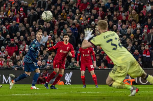 LIVERPOOL, ENGLAND - Thursday, January 13, 2022: Liverpool's Curtis Jones sees his shot saved during the Football League Cup Semi-Final 1st Leg match between Liverpool FC and Arsenal FC at Anfield. (Pic by David Rawcliffe/Propaganda)