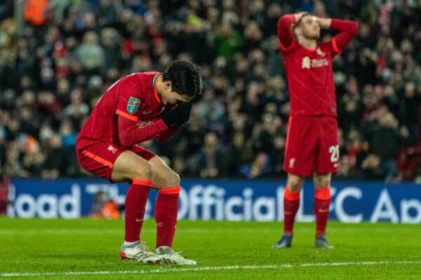 LIVERPOOL, ENGLAND - Thursday, January 13, 2022: Liverpool's Takumi Minamino looks dejected after missing a chance during the Football League Cup Semi-Final 1st Leg match between Liverpool FC and Arsenal FC at Anfield. (Pic by David Rawcliffe/Propaganda)