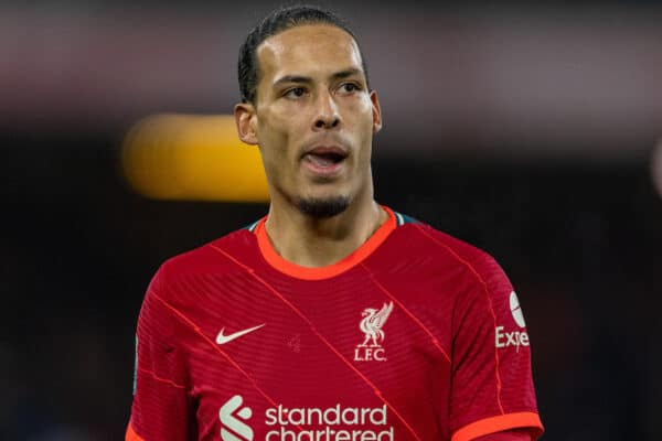 LIVERPOOL, ENGLAND - Thursday, January 13, 2022: Liverpool's Virgil van Dijk during the Football League Cup Semi-Final 1st Leg match between Liverpool FC and Arsenal FC at Anfield. (Pic by David Rawcliffe/Propaganda)