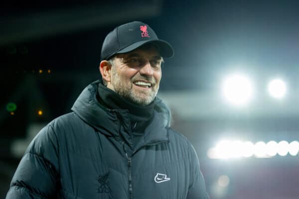 LIVERPOOL, ENGLAND - Thursday, January 13, 2022: Liverpool's manager Jürgen Klopp is interviewed by LFC.TV after the Football League Cup Semi-Final 1st Leg match between Liverpool FC and Arsenal FC at Anfield. (Pic by David Rawcliffe/Propaganda)