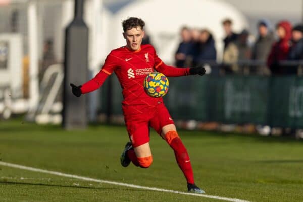 KIRKBY, ENGLAND - Saturday, January 15, 2022: Liverpool's Bobby Clarke during the Under-18 Premier League match between Liverpool FC Under-18's and Manchester City FC Under-18's at the Liverpool Academy. (Pic by David Rawcliffe/Propaganda)