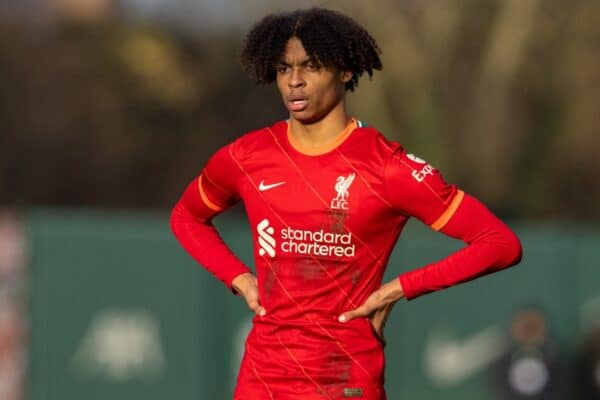 KIRKBY, ENGLAND - Saturday, January 15, 2022: Liverpool's substitute Harvey Blair during the Under-18 Premier League match between Liverpool FC Under-18's and Manchester City FC Under-18's at the Liverpool Academy. (Pic by David Rawcliffe/Propaganda)