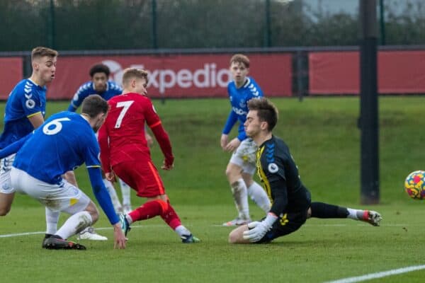 LIVERPOOL, ENGLAND - Saturday, January 15, 2022: Liverpool's Jack Bearne scores the first goal during the Premier League 2 Division 1 match between Liverpool FC Under-23's and Everton FC Under-23's, the Mini-Merseyside Derby, at the Liverpool Academy. (Pic by David Rawcliffe/Propaganda)