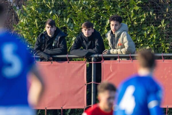 LIVERPOOL, ENGLAND - Saturday, January 15, 2022: Liverpool's Domninic Corness, Tyler Morton and Kaide Gordon during the Premier League 2 Division 1 match between Liverpool FC Under-23's and Everton FC Under-23's, the Mini-Merseyside Derby, at the Liverpool Academy. (Pic by David Rawcliffe/Propaganda)