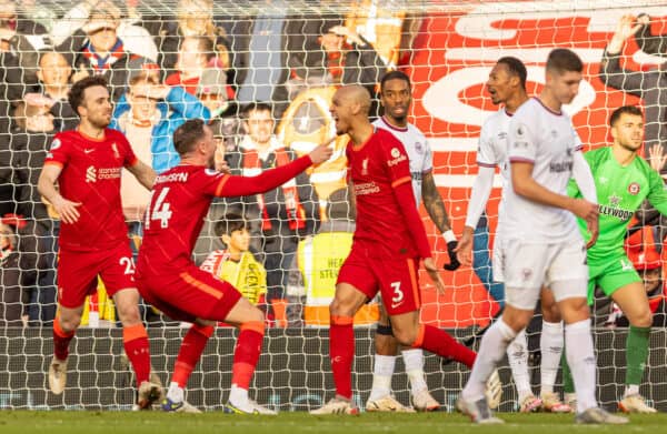 LIVERPOOL, ENGLAND - Sunday, January 16, 2022: Liverpool's Fabio Henrique Tavares 'Fabinho' celebrates after scoring the first goal during the FA Premier League match between Liverpool FC and Brentford FC at Anfield. (Pic by David Rawcliffe/Propaganda)