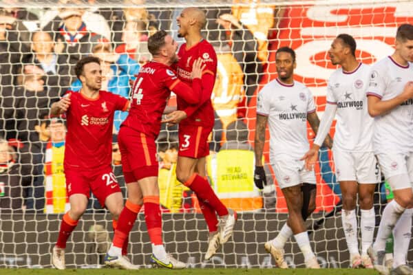 LIVERPOOL, ENGLAND - Sunday, January 16, 2022: Liverpool's Fabio Henrique Tavares 'Fabinho' celebrates after scoring the first goal during the FA Premier League match between Liverpool FC and Brentford FC at Anfield. (Pic by David Rawcliffe/Propaganda)