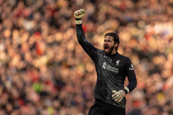 LIVERPOOL, ENGLAND - Sunday, January 16, 2022: Liverpool's goalkeeper Alisson Becker celebrates his side's opening goal during the FA Premier League match between Liverpool FC and Brentford FC at Anfield. (Pic by David Rawcliffe/Propaganda)