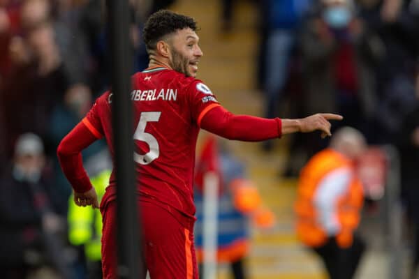 LIVERPOOL, ENGLAND - Sunday, January 16, 2022: Liverpool's Alex Oxlade-Chamberlain celebrates after scoring the second goal during the FA Premier League match between Liverpool FC and Brentford FC at Anfield. (Pic by David Rawcliffe/Propaganda)