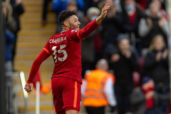 LIVERPOOL, ENGLAND - Sunday, January 16, 2022: Liverpool's Alex Oxlade-Chamberlain celebrates after scoring the second goal during the FA Premier League match between Liverpool FC and Brentford FC at Anfield. (Pic by David Rawcliffe/Propaganda)