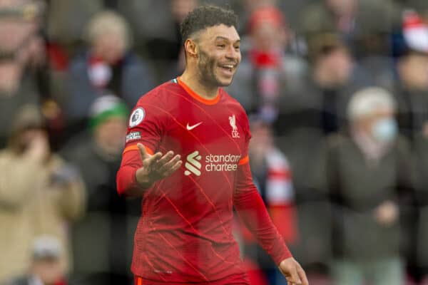 LIVERPOOL, ENGLAND - Sunday, January 16, 2022: Liverpool's Alex Oxlade-Chamberlain celebrates after scoring the second goal during the FA Premier League match between Liverpool FC and Brentford FC at Anfield. (Pic by David Rawcliffe/Propaganda)