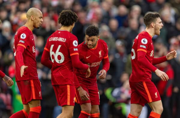 LIVERPOOL, ENGLAND - Sunday, January 16, 2022: Liverpool's Alex Oxlade-Chamberlain celebrates after scoring the second goal during the FA Premier League match between Liverpool FC and Brentford FC at Anfield. (Pic by David Rawcliffe/Propaganda)