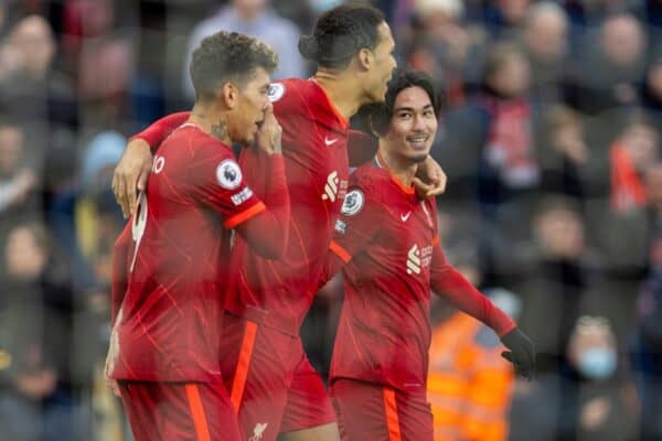 LIVERPOOL, ENGLAND - Sunday, January 16, 2022: Liverpool's Takumi Minamino (R) celebrates after scoring the third goal during the FA Premier League match between Liverpool FC and Brentford FC at Anfield. (Pic by David Rawcliffe/Propaganda)