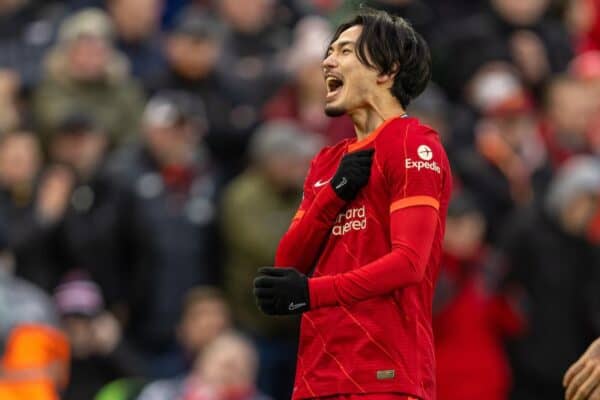 LIVERPOOL, ENGLAND - Sunday, January 16, 2022: Liverpool's Takumi Minamino celebrates after scoring the third goal during the FA Premier League match between Liverpool FC and Brentford FC at Anfield. (Pic by David Rawcliffe/Propaganda)