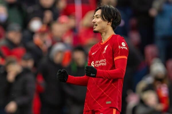 LIVERPOOL, ENGLAND - Sunday, January 16, 2022: Liverpool's Takumi Minamino celebrates after scoring the third goal during the FA Premier League match between Liverpool FC and Brentford FC at Anfield.  (Pic by David Rawcliffe/Propaganda)