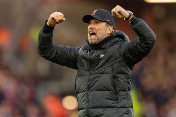 LIVERPOOL, ENGLAND - Sunday, January 16, 2022: Liverpool's manager Jurgen Klopp celebrates after the FA Premier League match between Liverpool FC and Brentford FC at Anfield. Liverpool won 3-0. (Pic by David Rawcliffe/Propaganda)