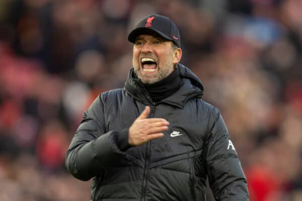 LIVERPOOL, ENGLAND - Sunday, January 16, 2022: Liverpool's manager Jurgen Klopp celebrates after the FA Premier League match between Liverpool FC and Brentford FC at Anfield. Liverpool won 3-0. (Pic by David Rawcliffe/Propaganda)