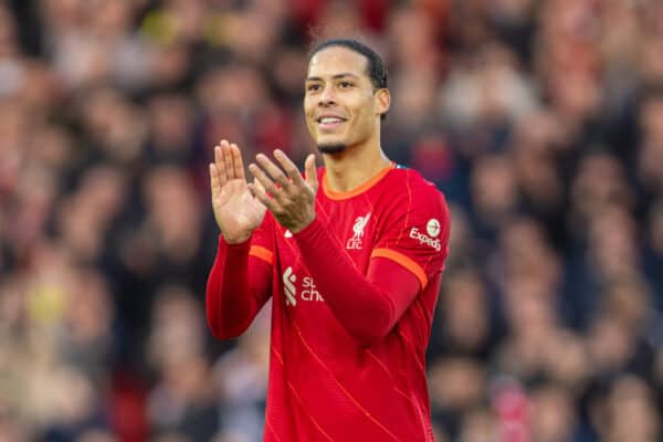 LIVERPOOL, ENGLAND - Sunday, January 16, 2022: Liverpool's Virgil van Dijk celebrates after the FA Premier League match between Liverpool FC and Brentford FC at Anfield. Liverpool won 3-0. (Pic by David Rawcliffe/Propaganda)